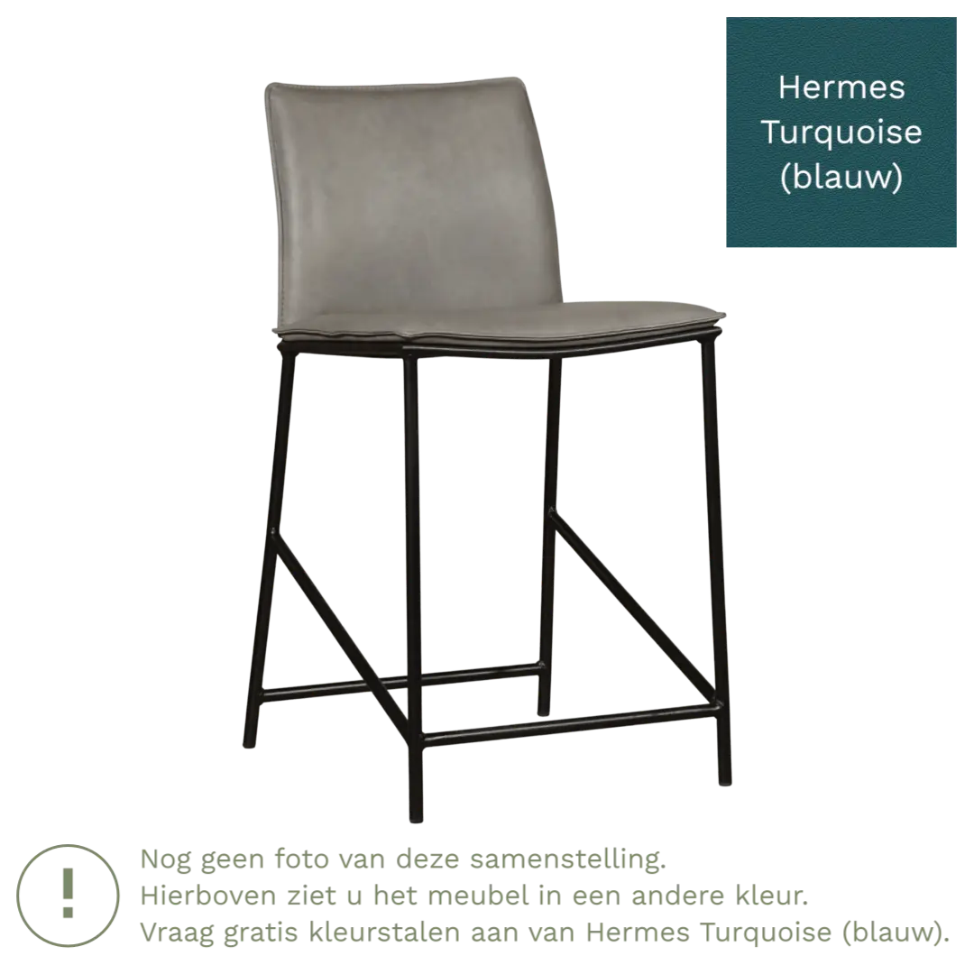 afbeelding van Leren barkruk laag Favor - Hermes Turquoise (blauw) - poten staal rond zwart